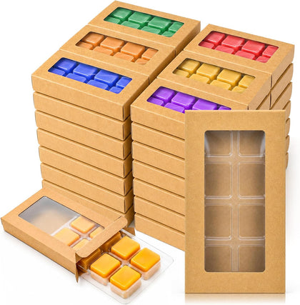 100 Pack Wax Melt Containers Bulk, Brown Kraft Paper Gift Boxes with Clear Window and 8-Cavity Plastic Wax Melt Molds