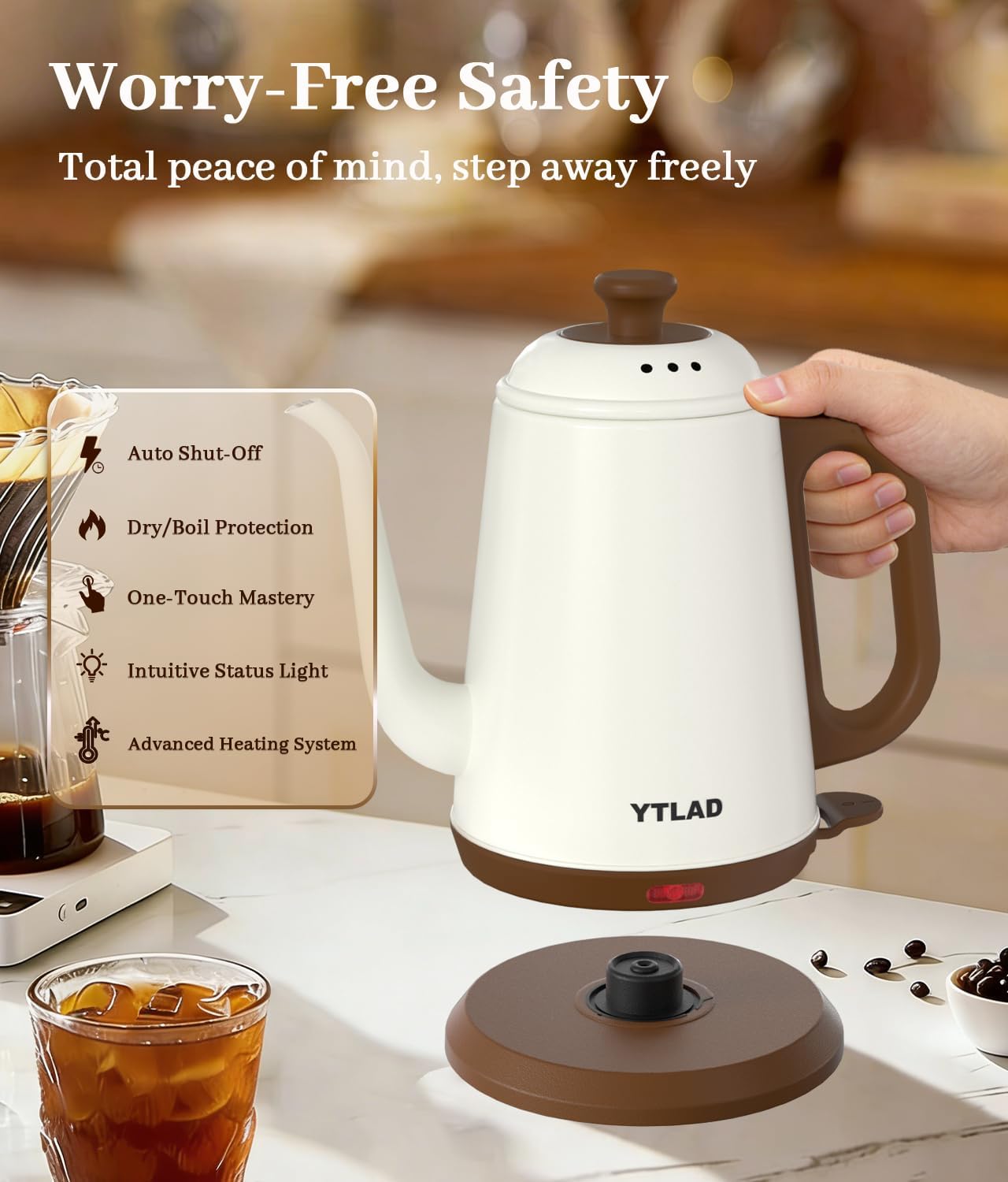 Gooseneck Electric Kettle 1L, 1000W, Pour-Over Coffee & Tea | Precise Flow Spout, 304 Stainless Steel, BPA-Free, Fast