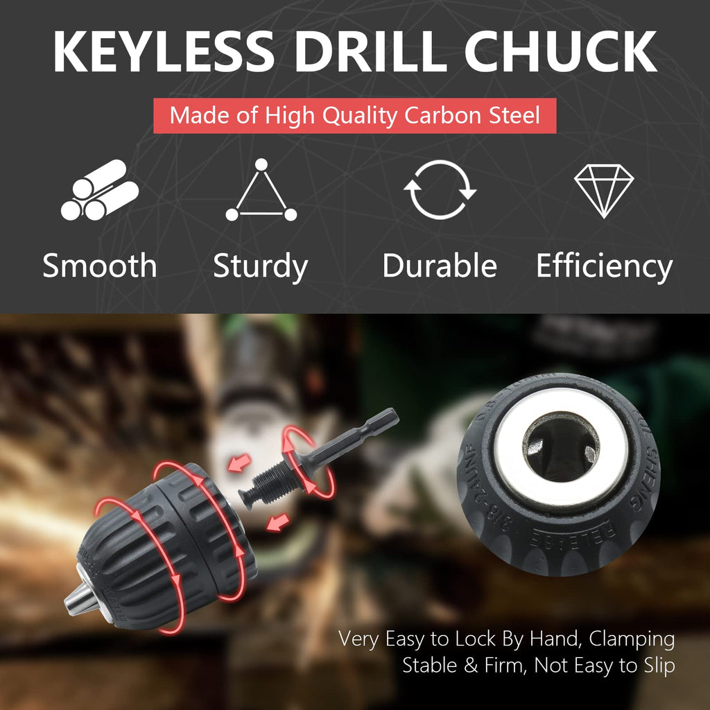 Keyless Drill Chuck, 0.8-10mm Capacity, 1/4" Hex Shank