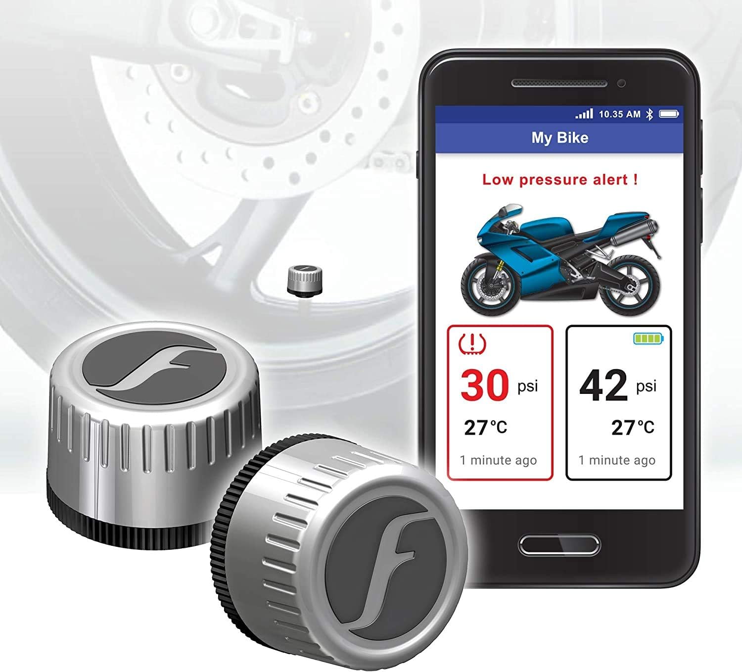 Bike 2 TPMS (Silver) - Wireless Tire Pressure Monitoring System with Bluetooth 5.0 | Real-Time Tire Pressure Sensor |