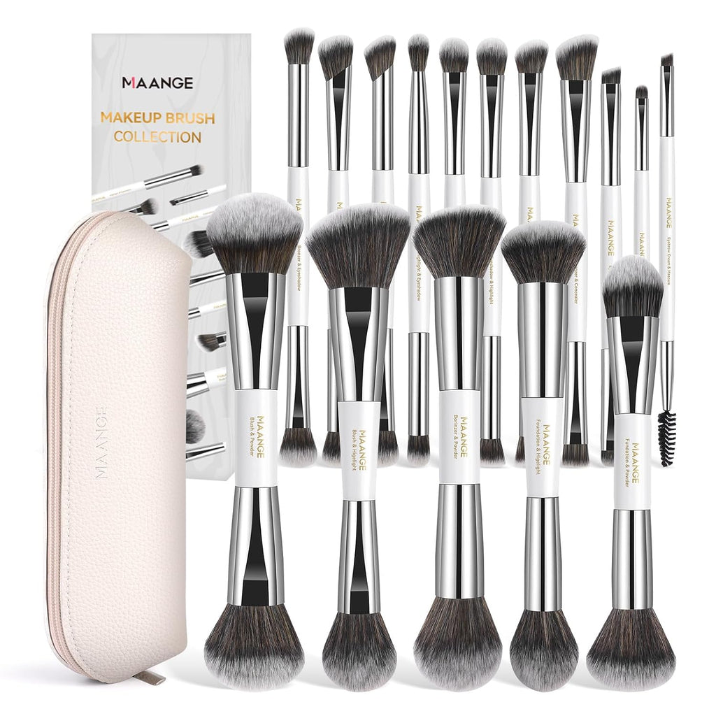 16pcs Double Ended Makeup Brush Set with Travel Case, Silver