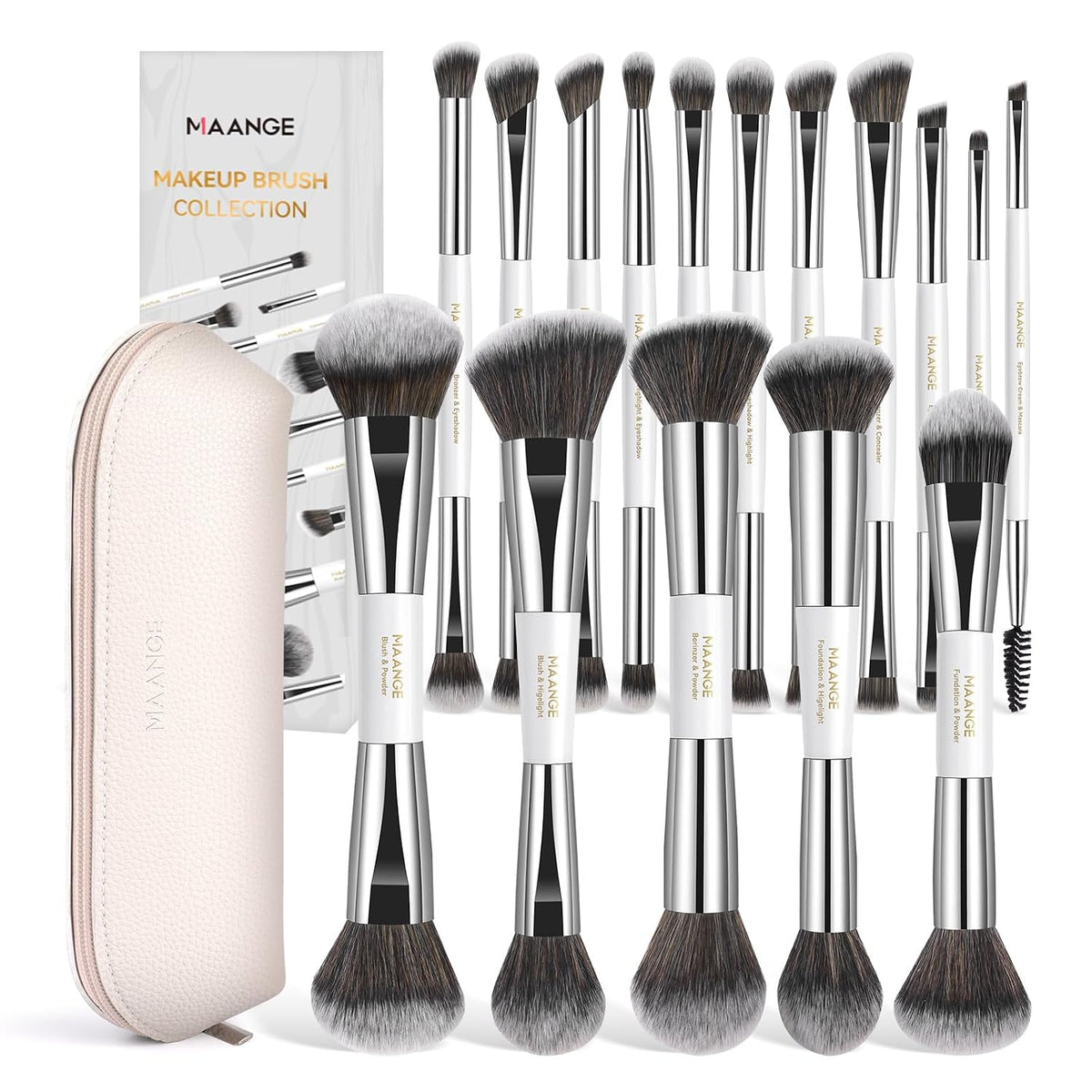 16pcs Double Ended Makeup Brush Set with Travel Case, Silver