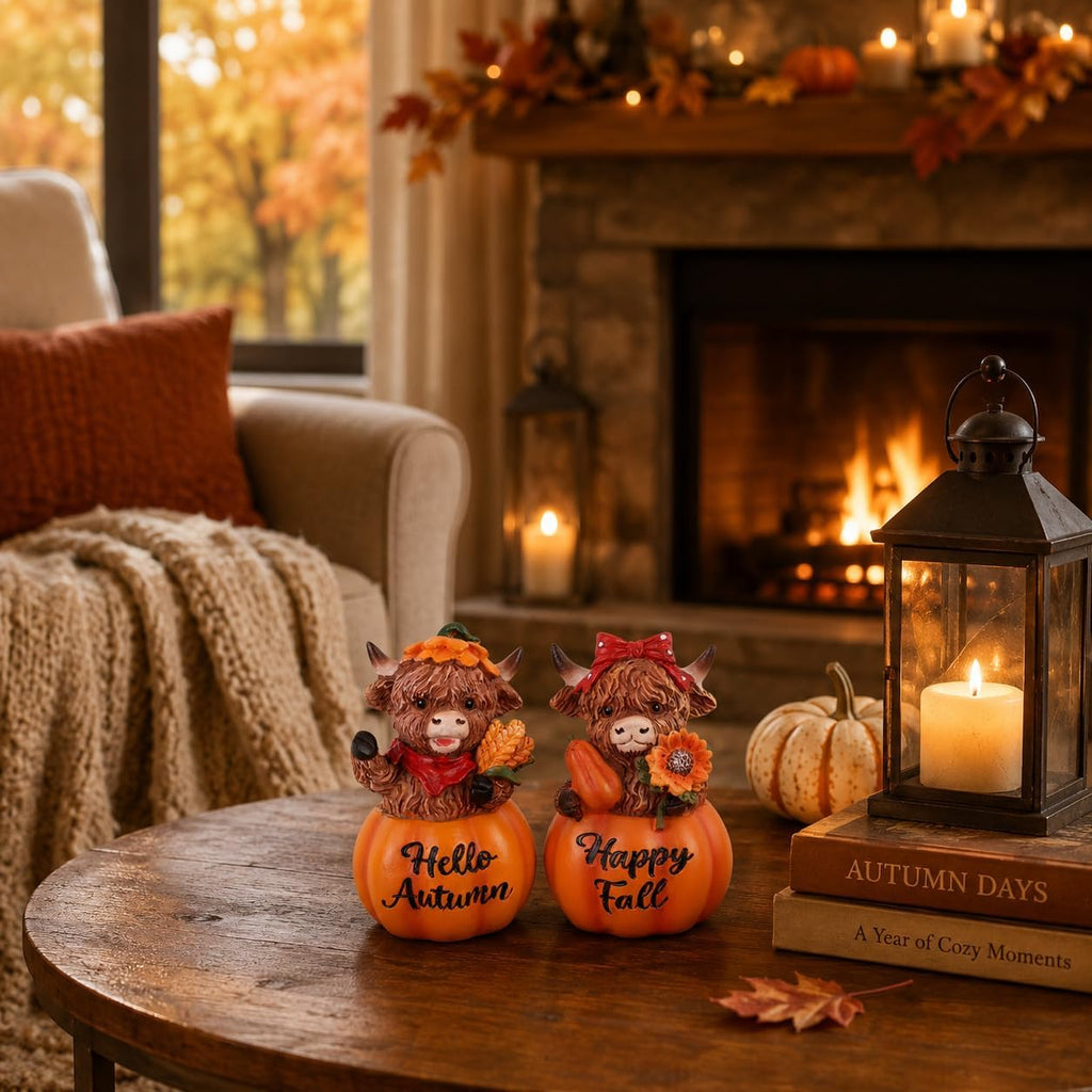 Fall Decorations for Home, 2 PCS Resin Highland Cows Figurines for Fall Decor, Rustic Pumpkin Harvest Ornaments for