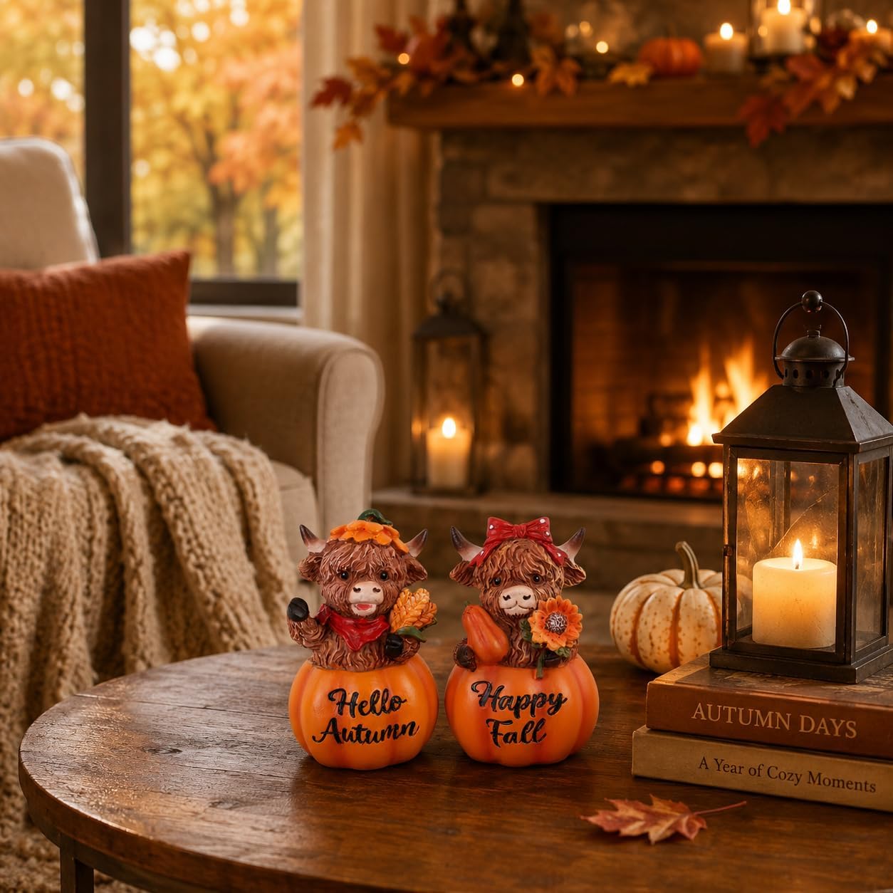 Fall Decorations for Home, 2 PCS Resin Highland Cows Figurines for Fall Decor, Rustic Pumpkin Harvest Ornaments for
