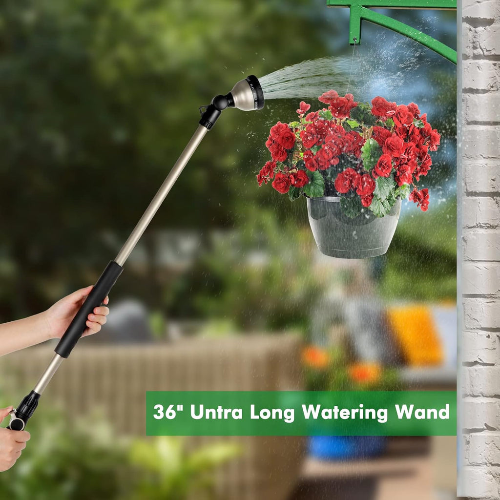 36” Long Watering Wand, Metal Garden Hose Wand with 180° Swivel Head and 10 Spray Patterns, 3ft Heavy Duty Hose