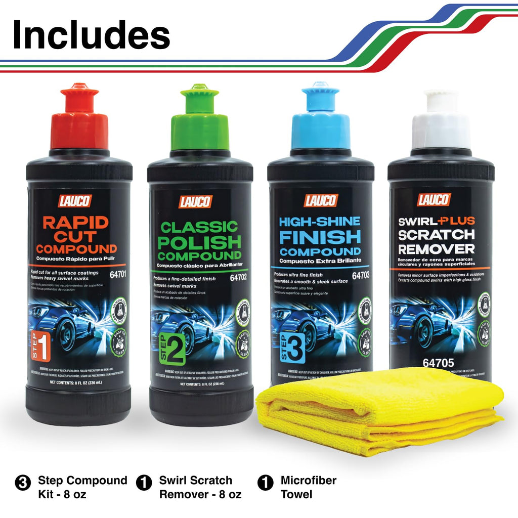 Paint Correction Compounds Step 1, 2, 3, Swirl Remover 8oz Kits, with a Towel, Silicone-Free, Clear Coat Safe Scratch