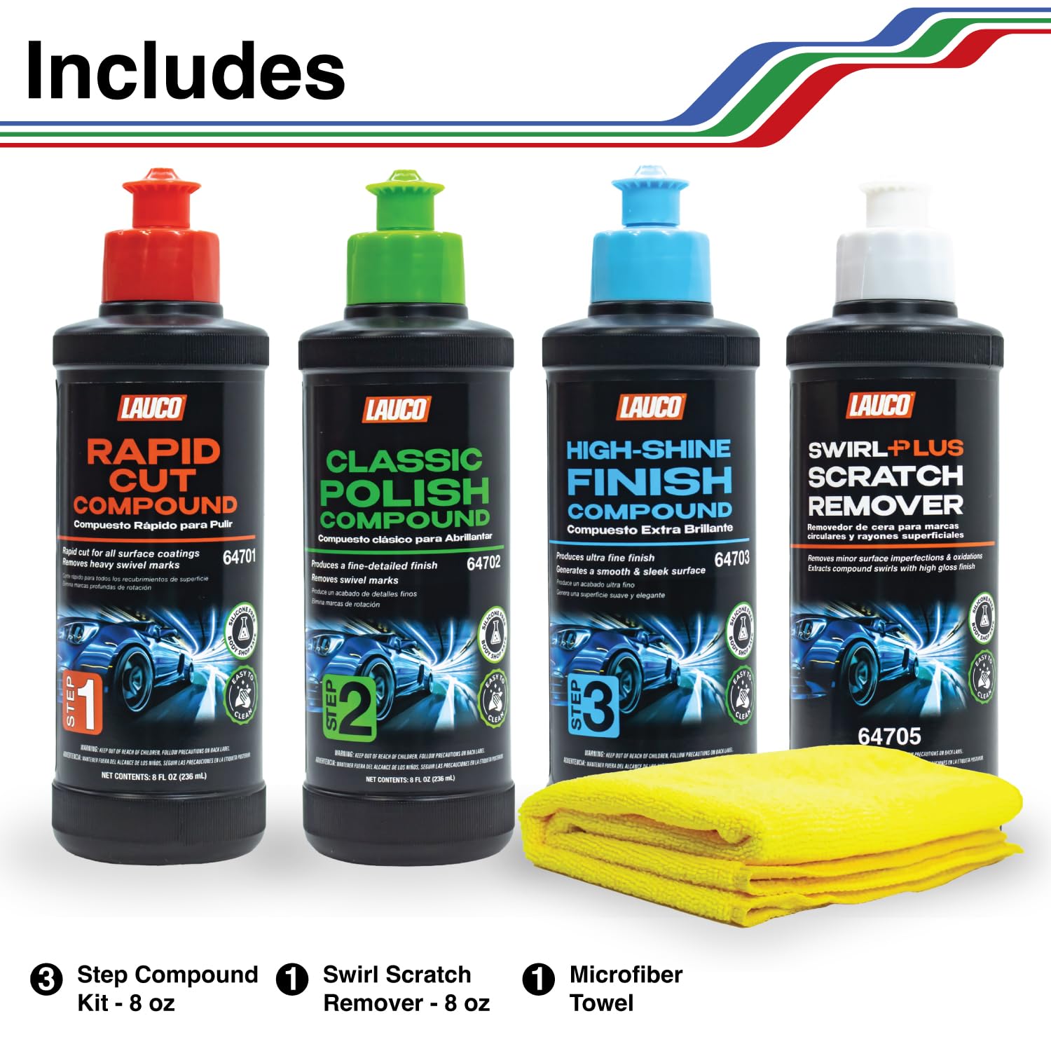 Paint Correction Compounds Step 1, 2, 3, Swirl Remover 8oz Kits, with a Towel, Silicone-Free, Clear Coat Safe Scratch