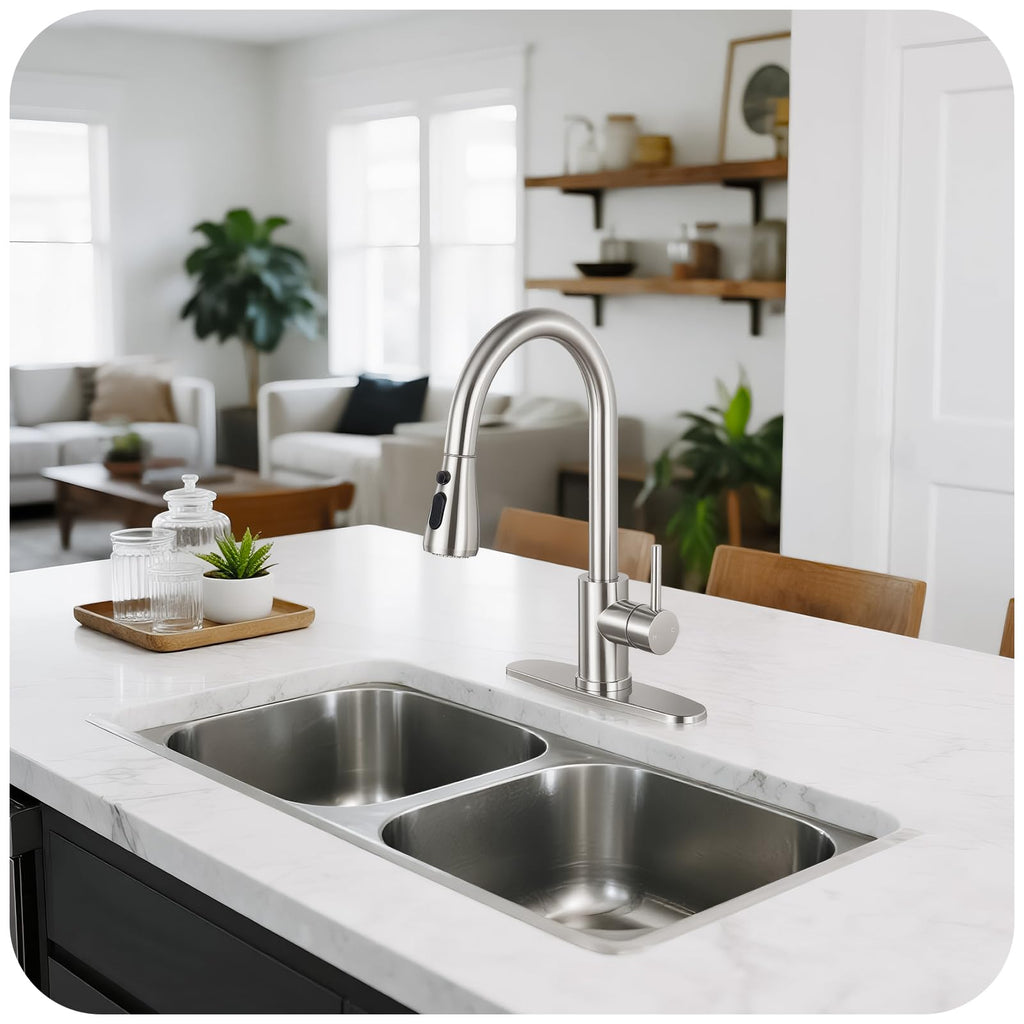 Brushed Nickel Kitchen Faucet with Pull Down Sprayer and Deck Plate