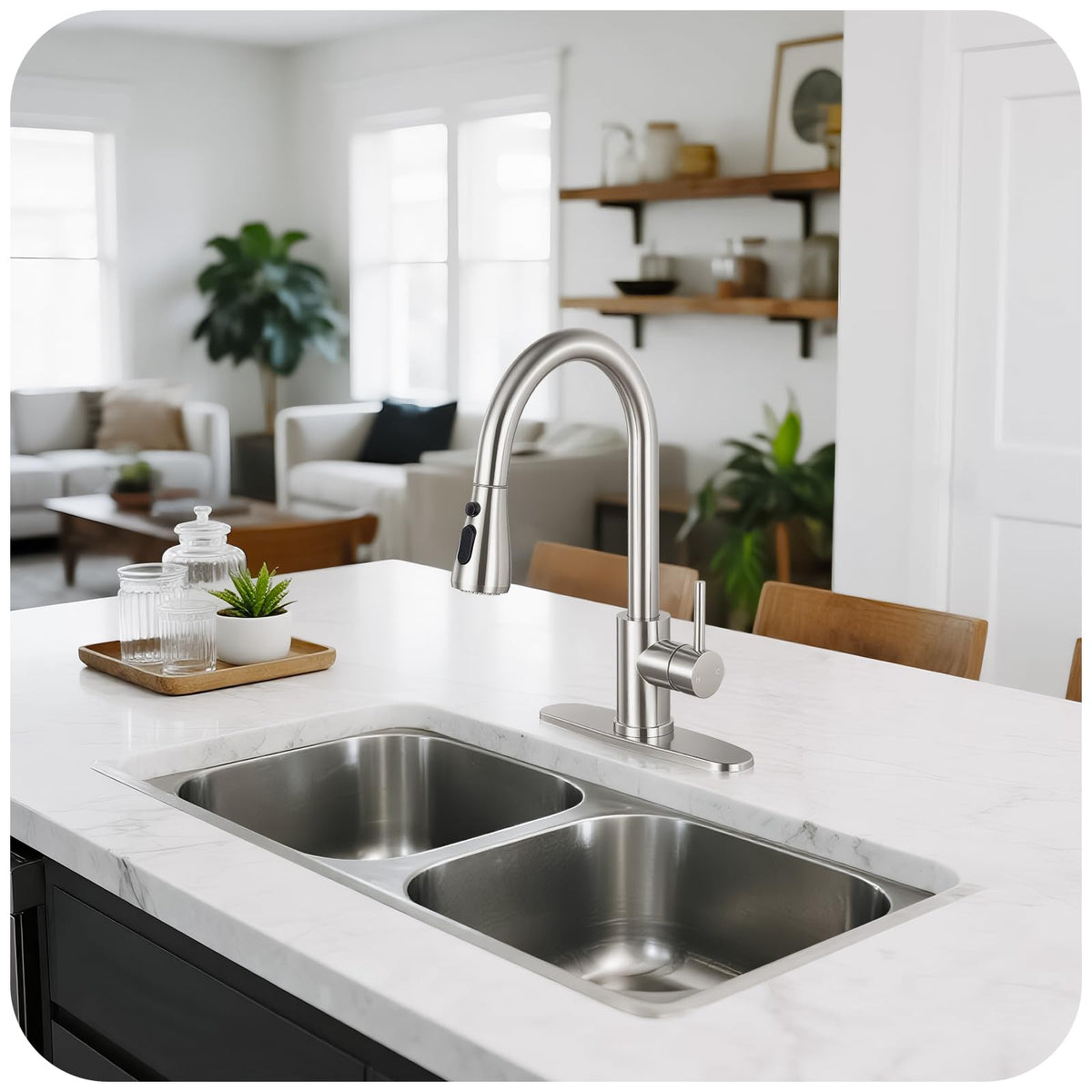 Brushed Nickel Kitchen Faucet with Pull Down Sprayer and Deck Plate