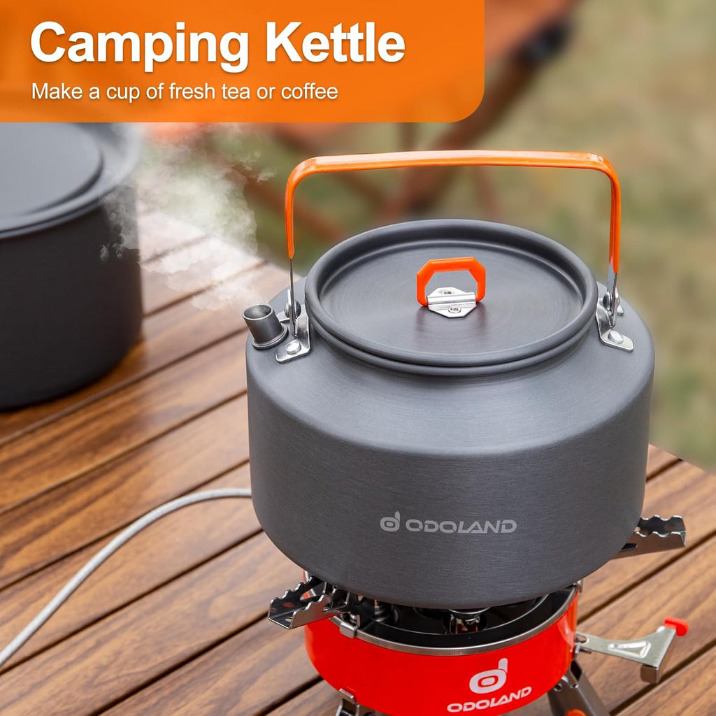 Camping Cookware Mess Kit, Camping Cooking Pot Fry Pan and 1.1L Kettle Set, Portable Camping Cookware Set with Mesh
