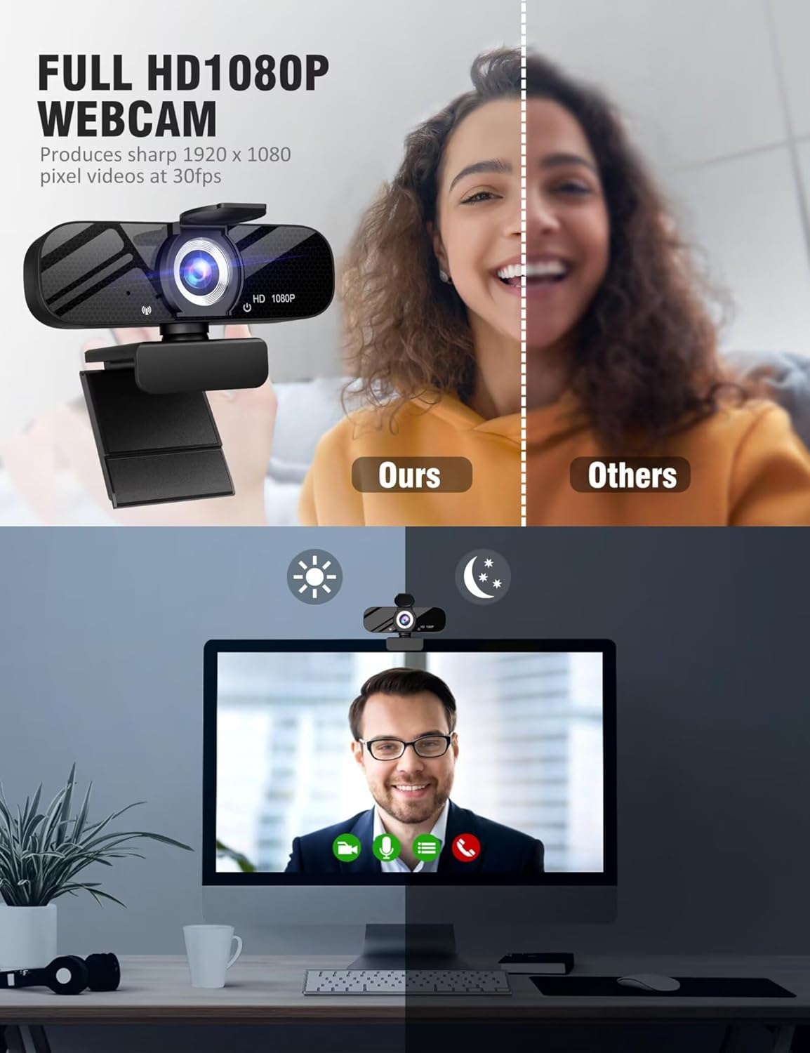 Full HD Webcam with Built-in Microphone and Rotatable Tripod, 1080P Video and Wide Angle Camera, Privacy Cover