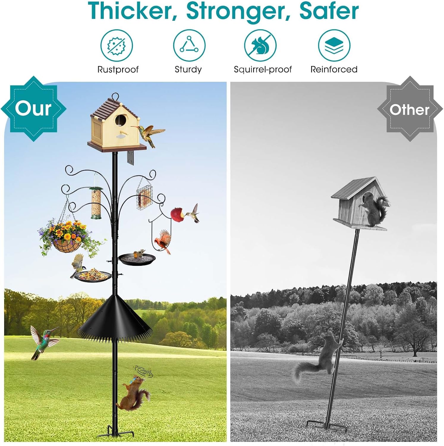 108 Inch Bird Feeder Pole Squirrel Proof, Heavy Duty Bird House Pole, Adjustable Bird Feeder Stand with 5 Shepherds