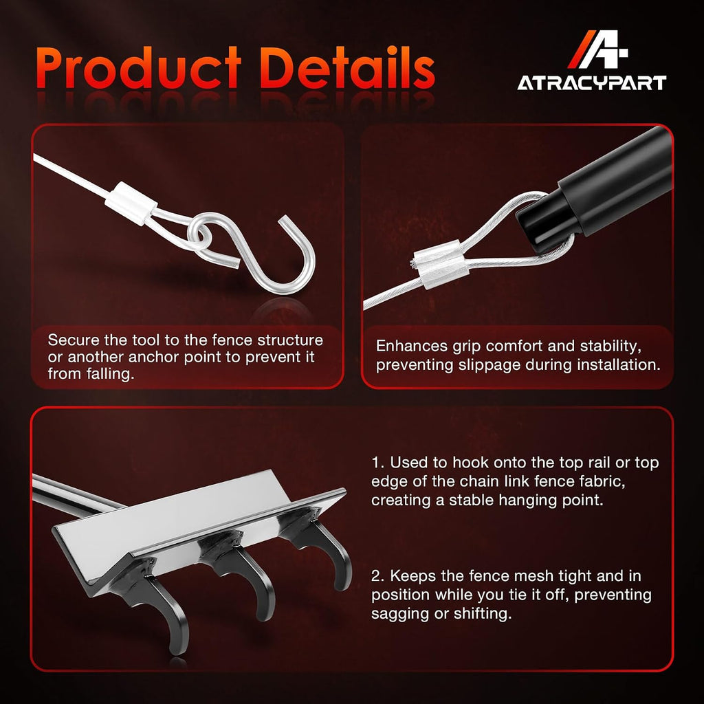 Chain Link Fence Fabric Hanging Tool, Heavy Duty Top Rail Support Tool with Cable Hook & Under-Rail Bracket for Easy
