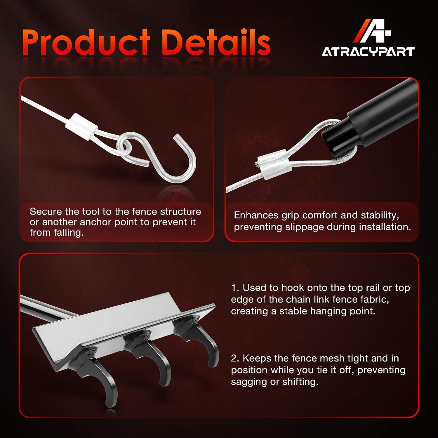 Chain Link Fence Fabric Hanging Tool, Heavy Duty Top Rail Support Tool with Cable Hook & Under-Rail Bracket for Easy