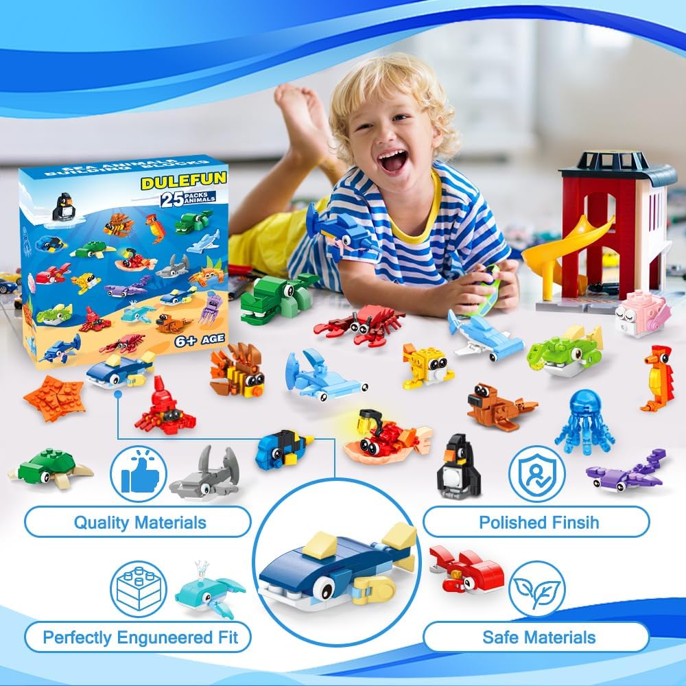 25pcs Building Blocks Bricks Party Favors Toys for Kids Marine Animals Block for Classroom Prizes Birthday Gift