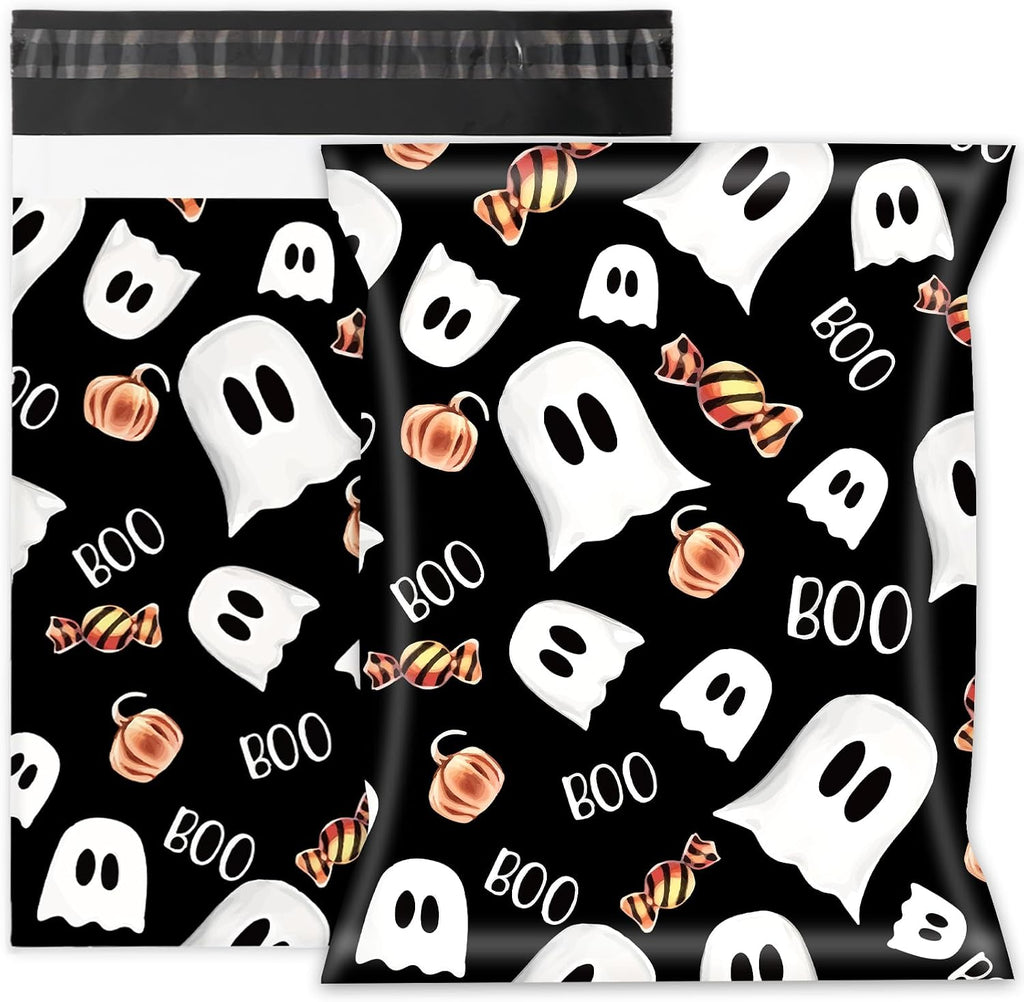 100 Pcs Halloween Poly Mailer 10 x 13 Inch Black Ghost Pumpkin Candy Mailing Bag Self-Sealing Plastic Packaging