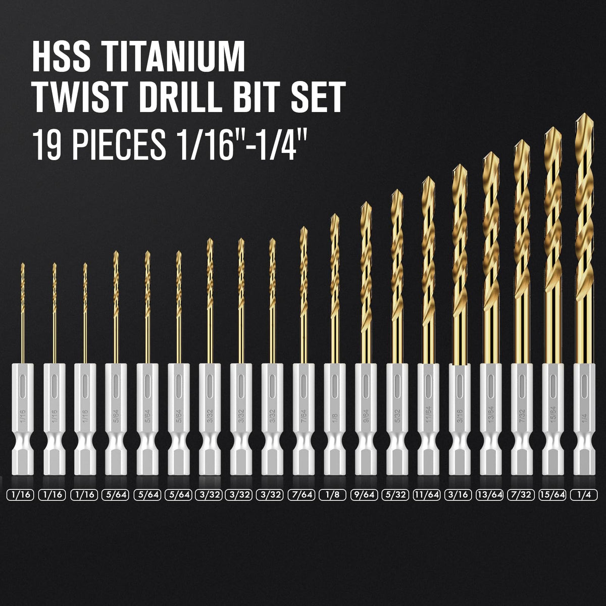 MACXCOIP 19Pcs(1/16" - 1/4") Hex Shank Titanium Twist Drill Bit Set