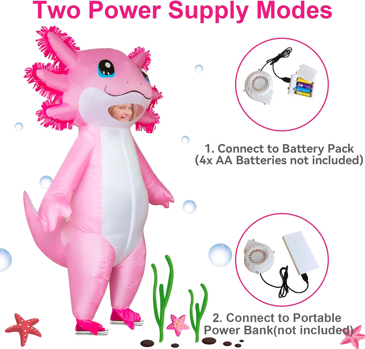 Inflatable Axolotl Costume for Kids Halloween Kid Blow Up Costume Deluxe Pink Costumes for Girls Boys Cosplay Party