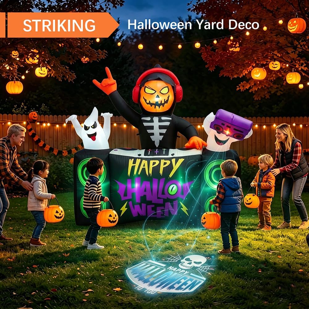 6 FT Halloween Inflatable Pumpkin Grim Reaper DJ Outdoor Décor | LED Projector Lighting, Fast Auto Inflate, Wind