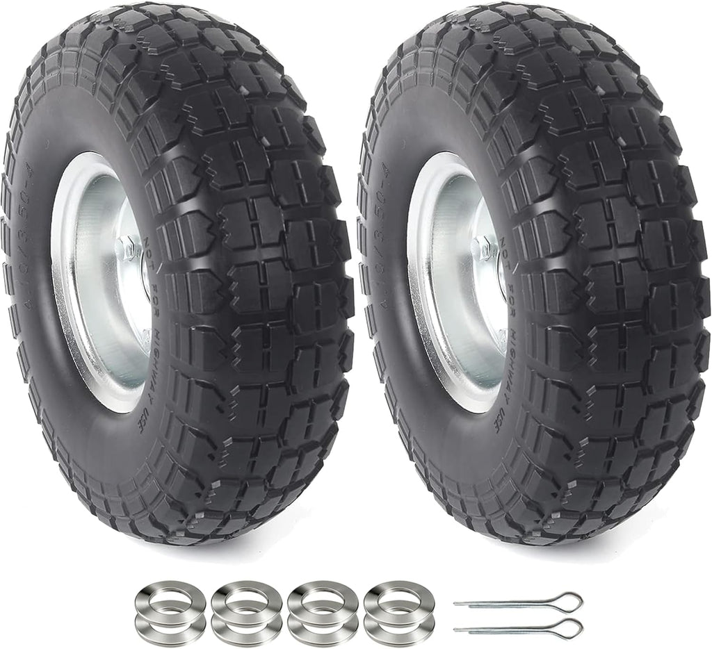 (2-Pack) 10-Inch Solid Rubber Tire Wheels - Replacement 4.10/3.50-4" Flat Free Tire with 5/8" Bearings, 2.2" Offset