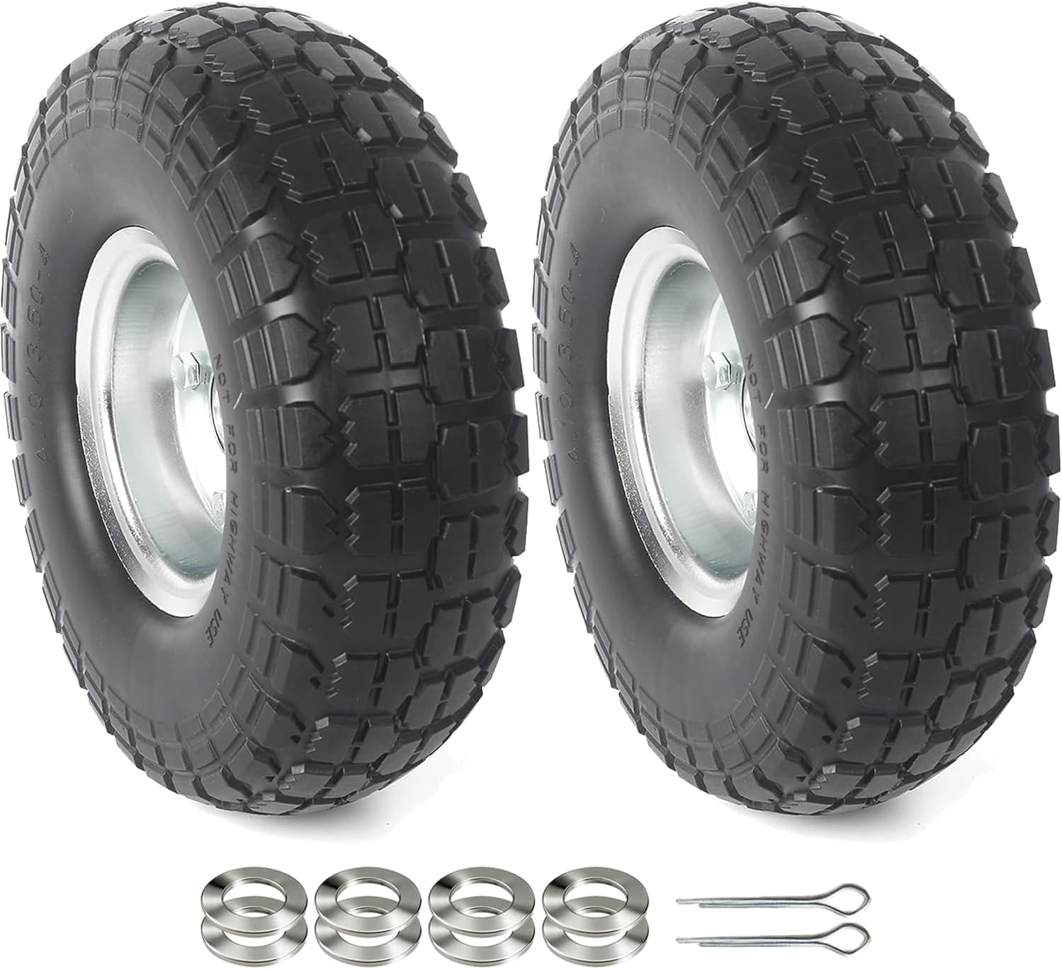(2-Pack) 10-Inch Solid Rubber Tire Wheels - Replacement 4.10/3.50-4" Flat Free Tire with 5/8" Bearings, 2.2" Offset