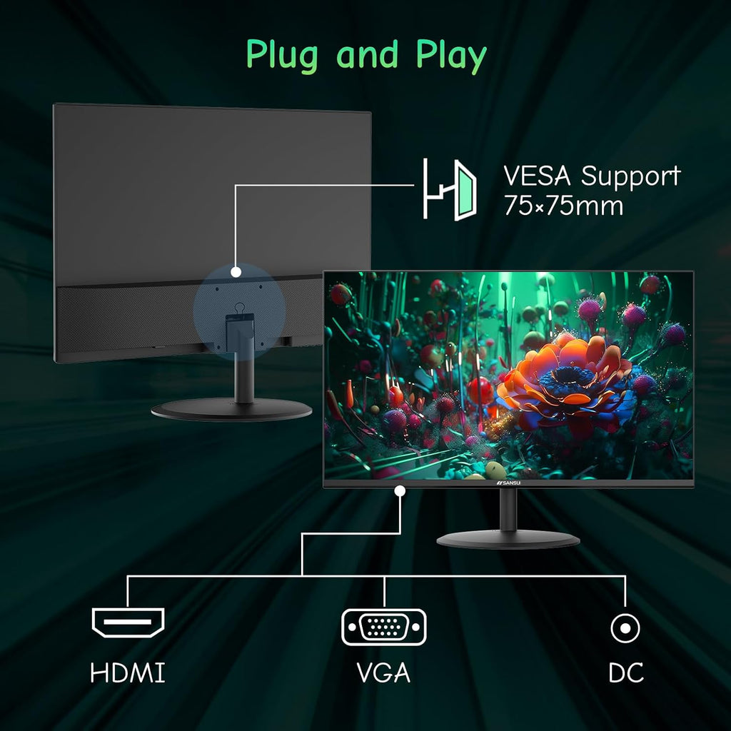 Computer Monitor 24 inch Eye Care FHD 1080P Display HDMI,VGA Ports with 178° Viewing Angle/Frame-Less/Tilt/VESA