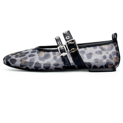 Leopard Flats for Women Round Toe Mesh Ballet Mary Janes Adjustable Buckle Straps Casul Ballerina Dress Shoes Black 10.5