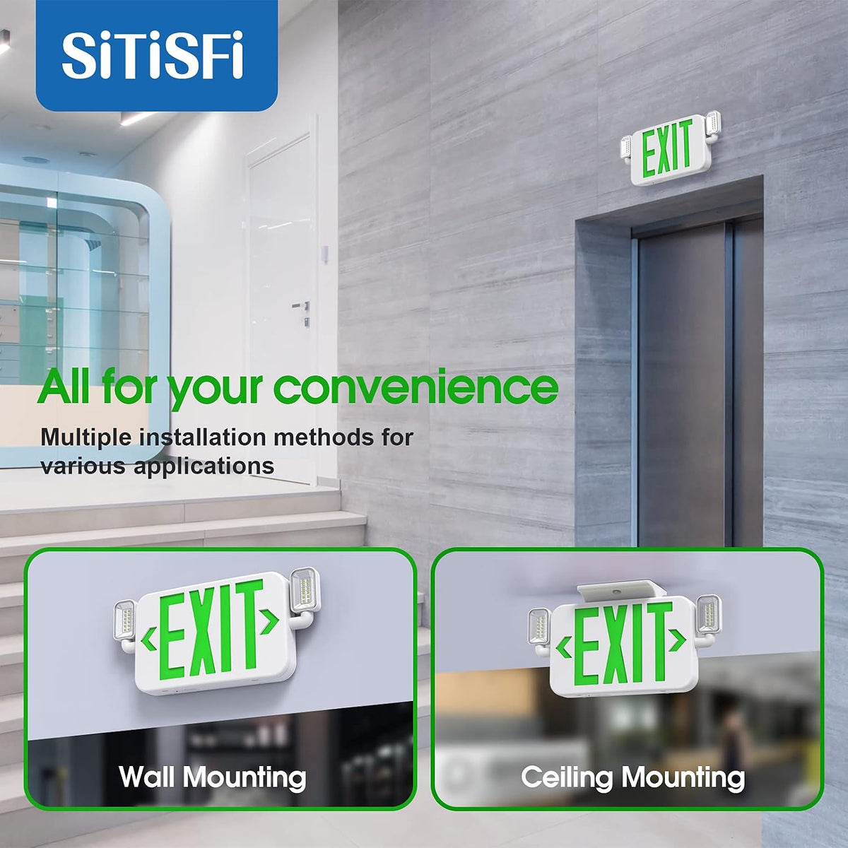 Led Combo Emergency Exit Sign Light with Two Adjustable Head Lights and Backup Battery,US Standard Green Letter