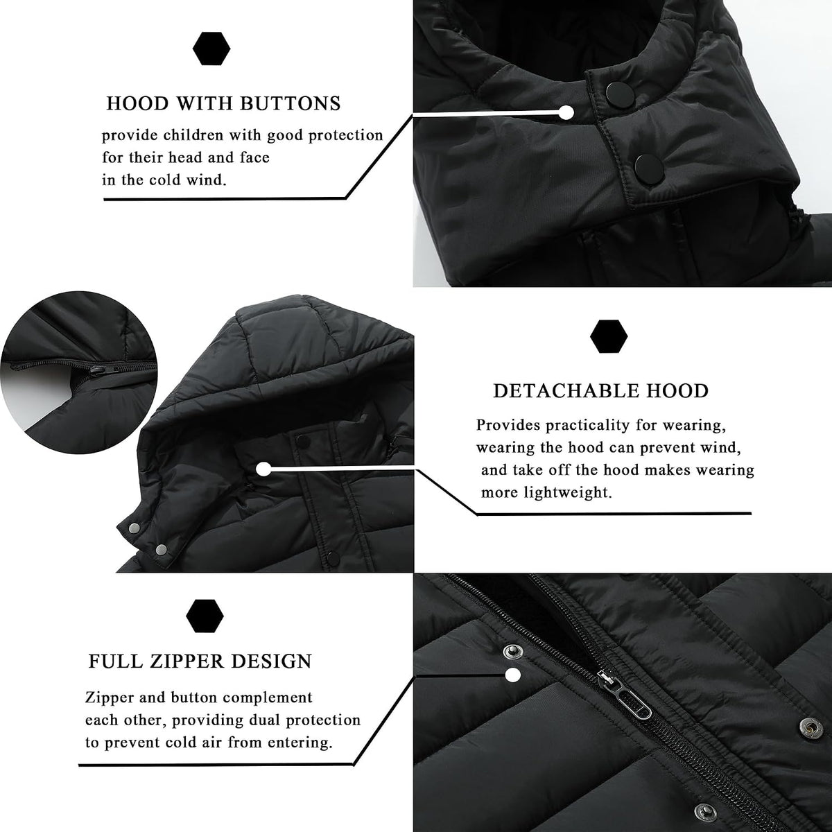 Boy's Quilted Winter Jacket Waterproof Down Coat Puffy Hooded Parka | Warm Jacket with Detachable Hood Windproof