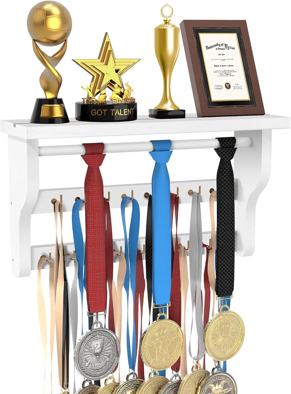 Medal Hanger Display, Large Capacity Trophy and Medal Display Shelf | Natural Solid Wood, Anti-Slip Groove, Widening
