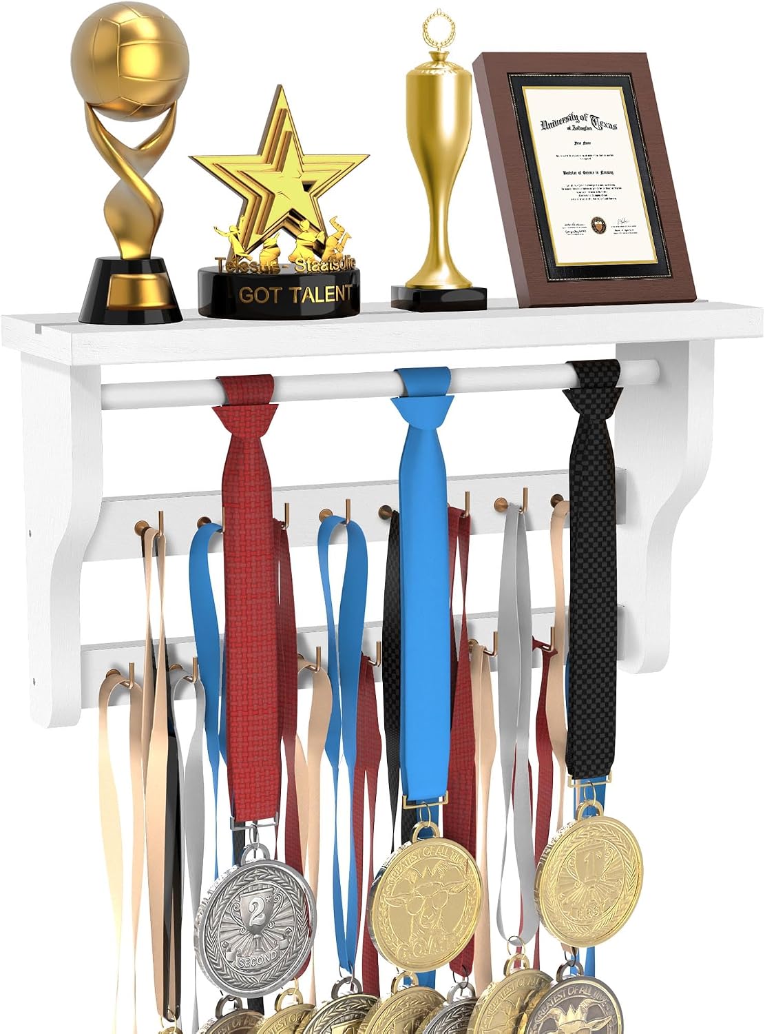 Medal Hanger Display, Large Capacity Trophy and Medal Display Shelf | Natural Solid Wood, Anti-Slip Groove, Widening