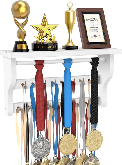 Medal Hanger Display, Large Capacity Trophy and Medal Display Shelf | Natural Solid Wood, Anti-Slip Groove, Widening