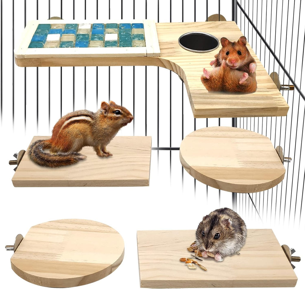 Wooden Hamster Cage Platform Set Wood Chinchilla Ledges and Platforms Rectangle L-Shaped Round Cage Accessories with