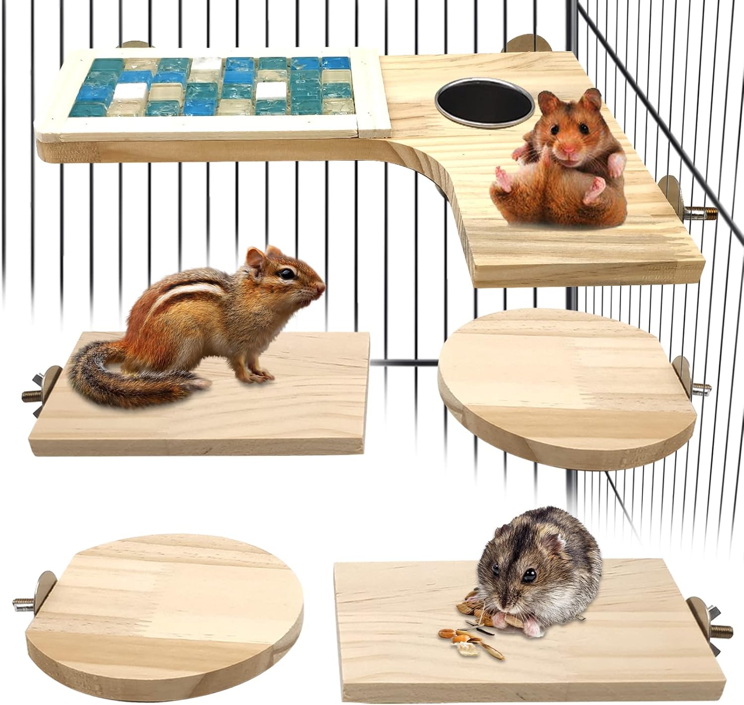 Wooden Hamster Cage Platform Set Wood Chinchilla Ledges and Platforms Rectangle L-Shaped Round Cage Accessories with
