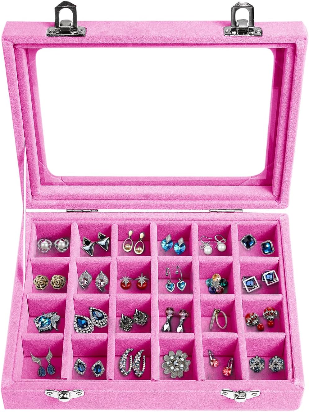 Velvet Jewelry Box 24 Grid Jewelry Earrings Display Organiser Box Ring Tray Holder Earrings Storage Case for Girls