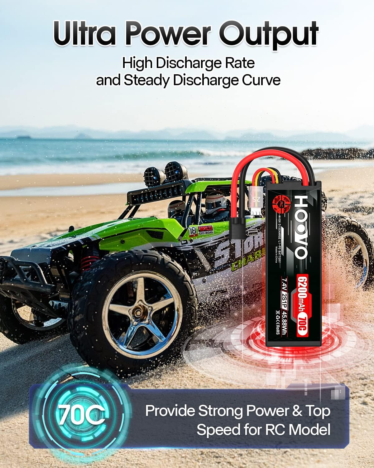 7.4V 70C 6200mAh 2S Lipo Battery Hard Case with Tracxas Plug(2 Packs