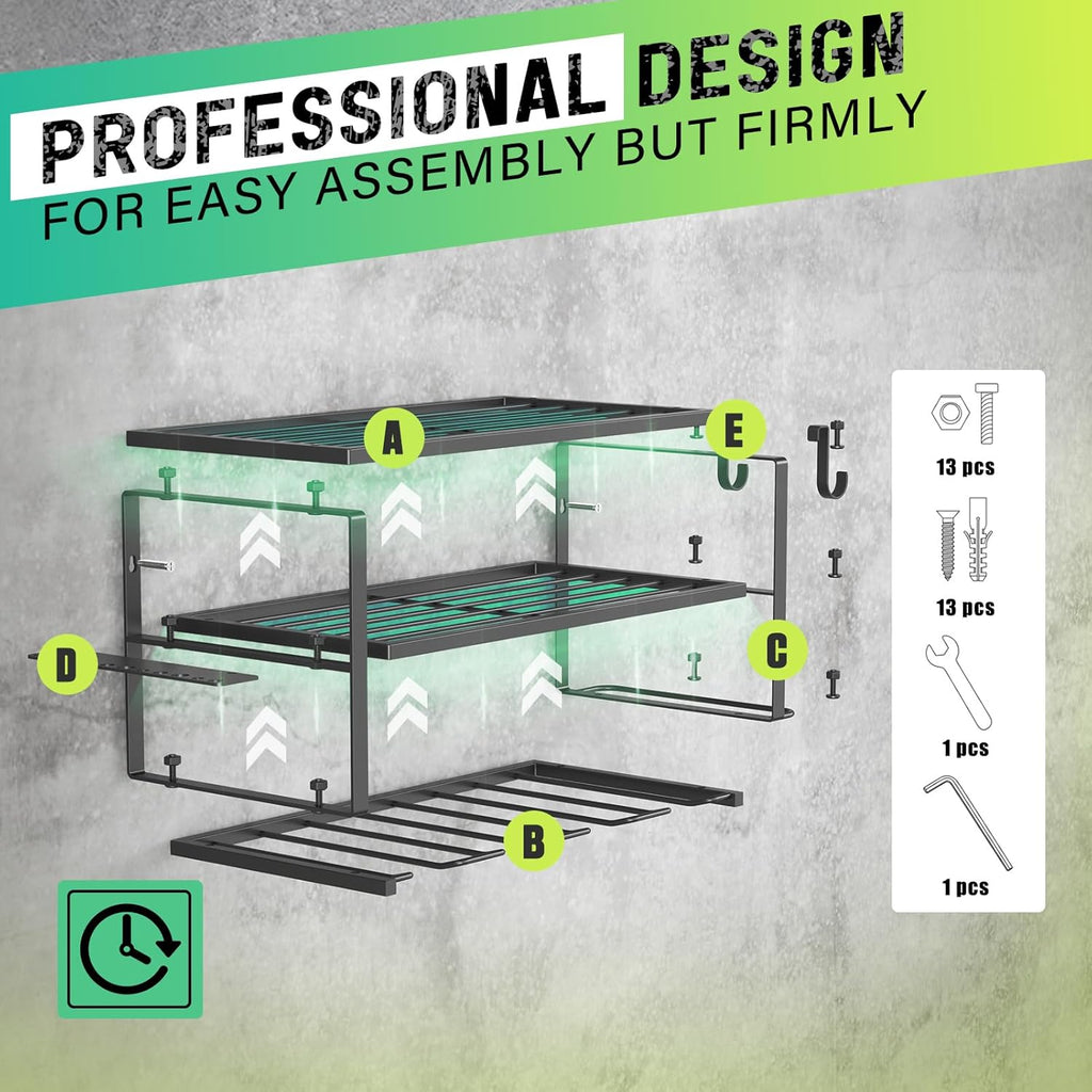 3-Tier Heavy Duty Steel Power Tool Organizer, Matte Black, 3 Layers Tool Rack Cordless Drill, Floating Shelf Wall