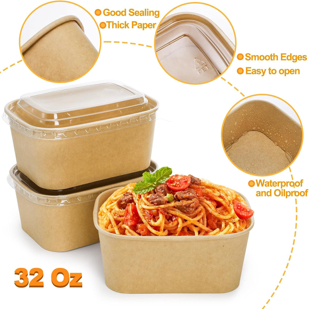 50 Pack Compostable Rectangular Kraft Paper Bowls, 32 Oz Disposable Cardboard Meal Prep Container with Lid, Microwave