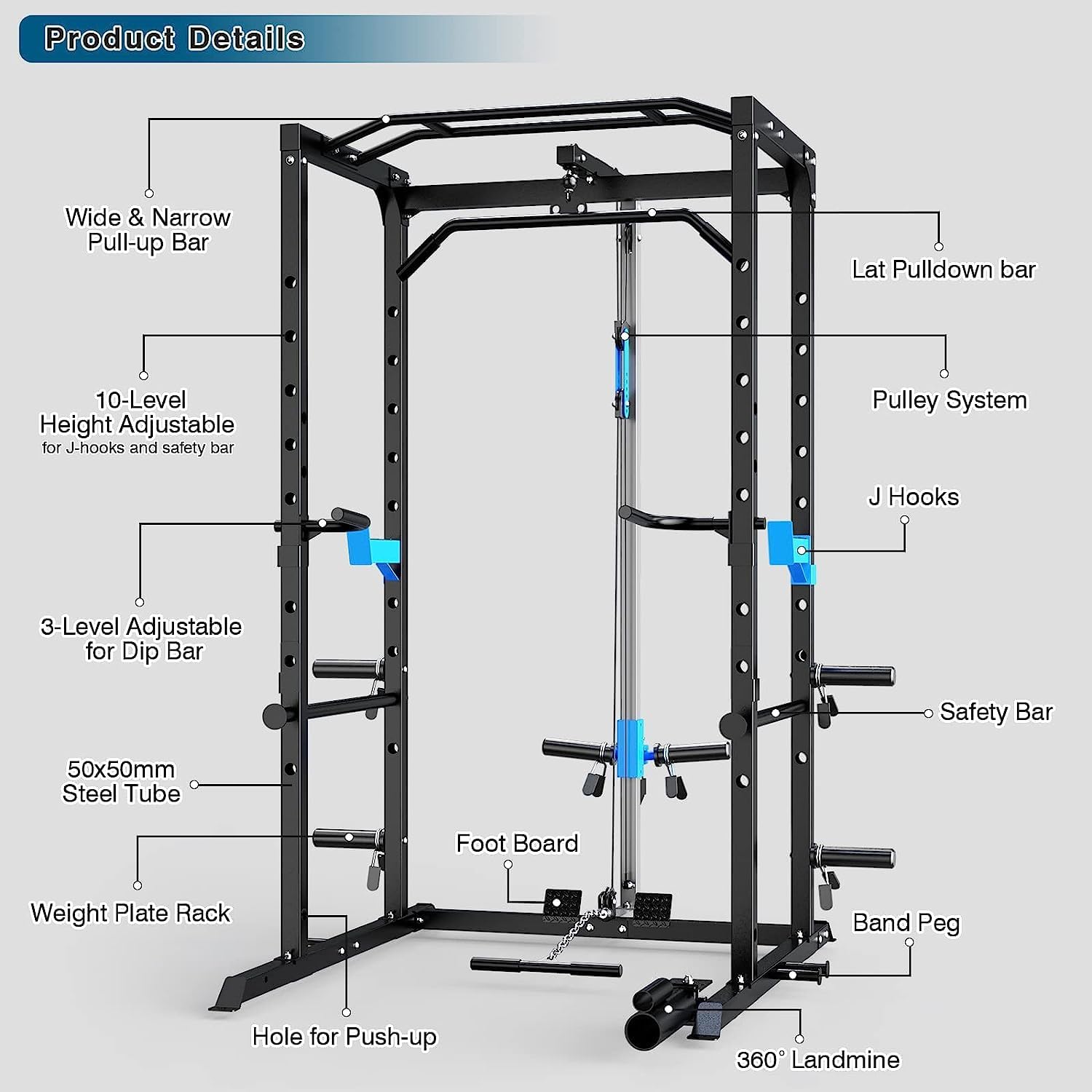 Power Cage, Multi-Functional Power Rack with J-Hooks, Dip Handles, Landmine Attachment and Optional Cable Pulley