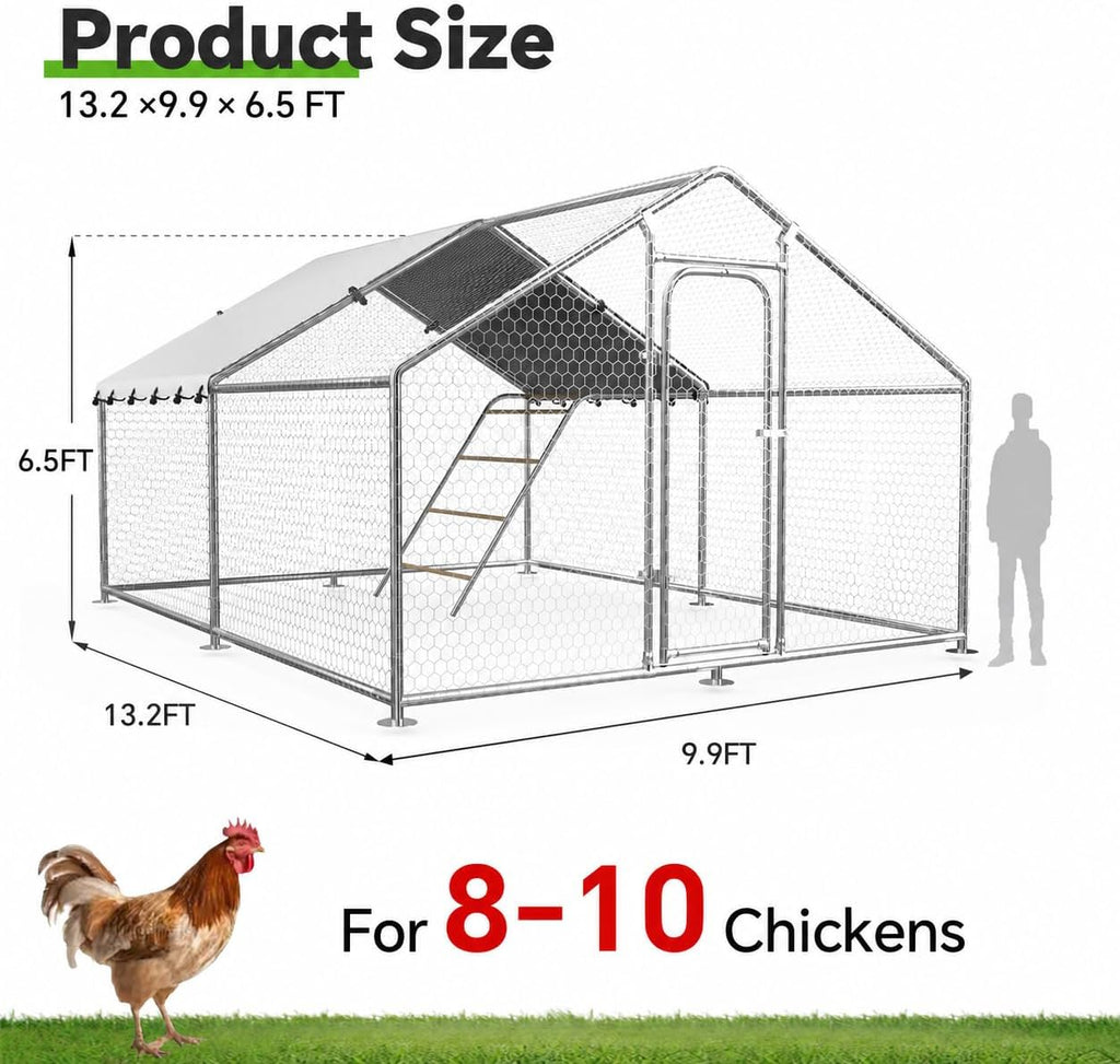 9.9x13.2 FT Metal Chicken Coop, Walk-in Poultry Run Enclosure