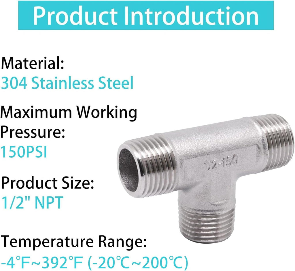 1/2" x 1/2" x 1/2" NPT Male Pipe Fitting, 304 Stainless Steel Tee Pipe Fittings, 3 Way T Shaped Tee Connector, 2 Pack
