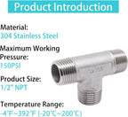 1/2" x 1/2" x 1/2" NPT Male Pipe Fitting, 304 Stainless Steel Tee Pipe Fittings, 3 Way T Shaped Tee Connector, 2 Pack