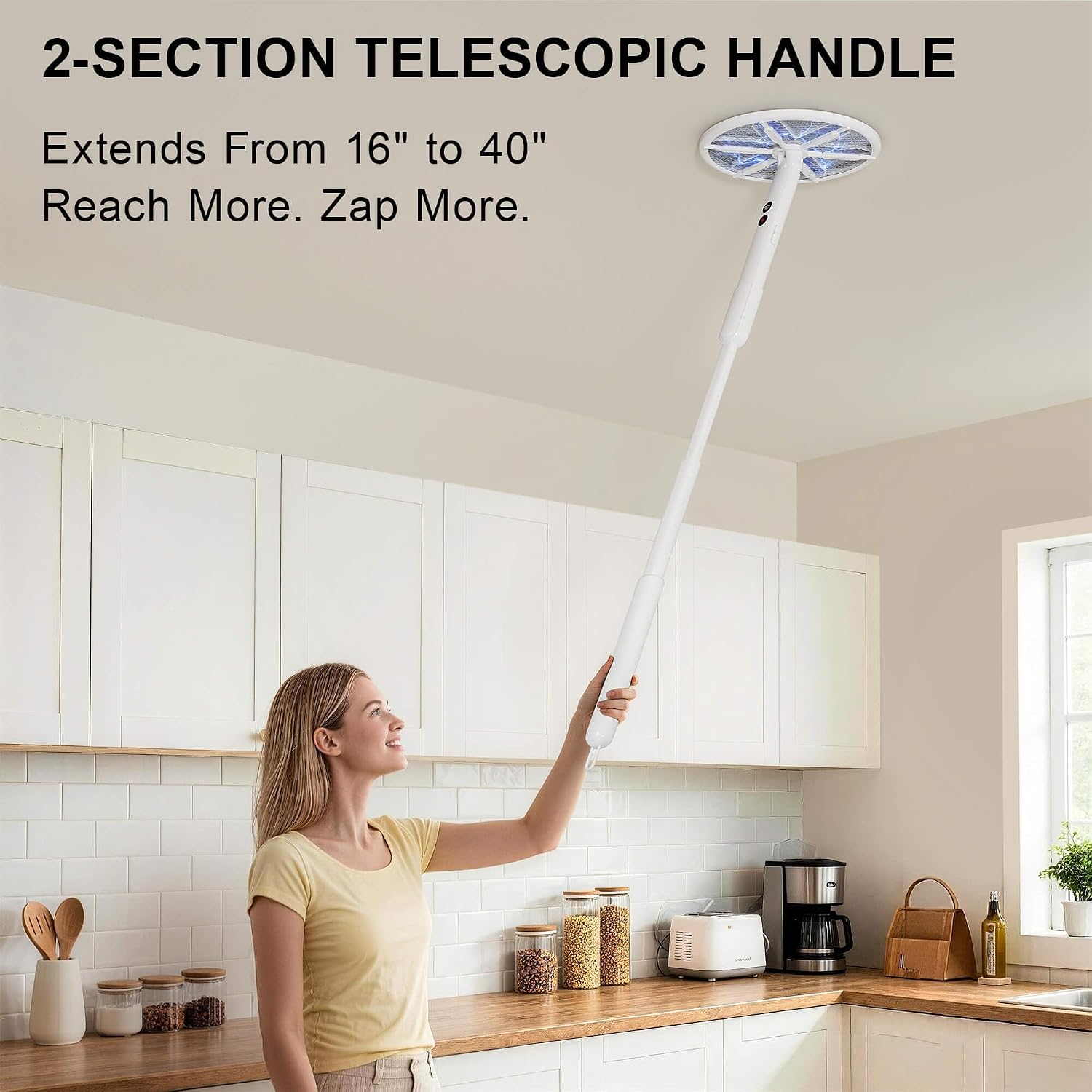 Rotating Head Electric Fly Swatter with 16–40" Telescopic Handle, 4000V | 2-in-1 UV USB Rechargeable Bug Zapper