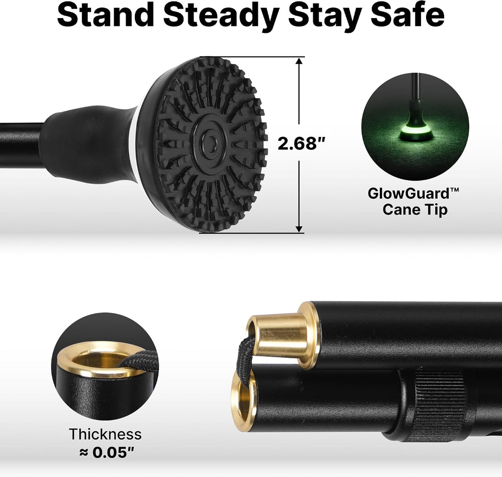 GlowGuard Walking Cane for Men & Women - Extra-Wide 2.68" Glow Cane Tip with Photoluminescent Ring, Height Adjustable