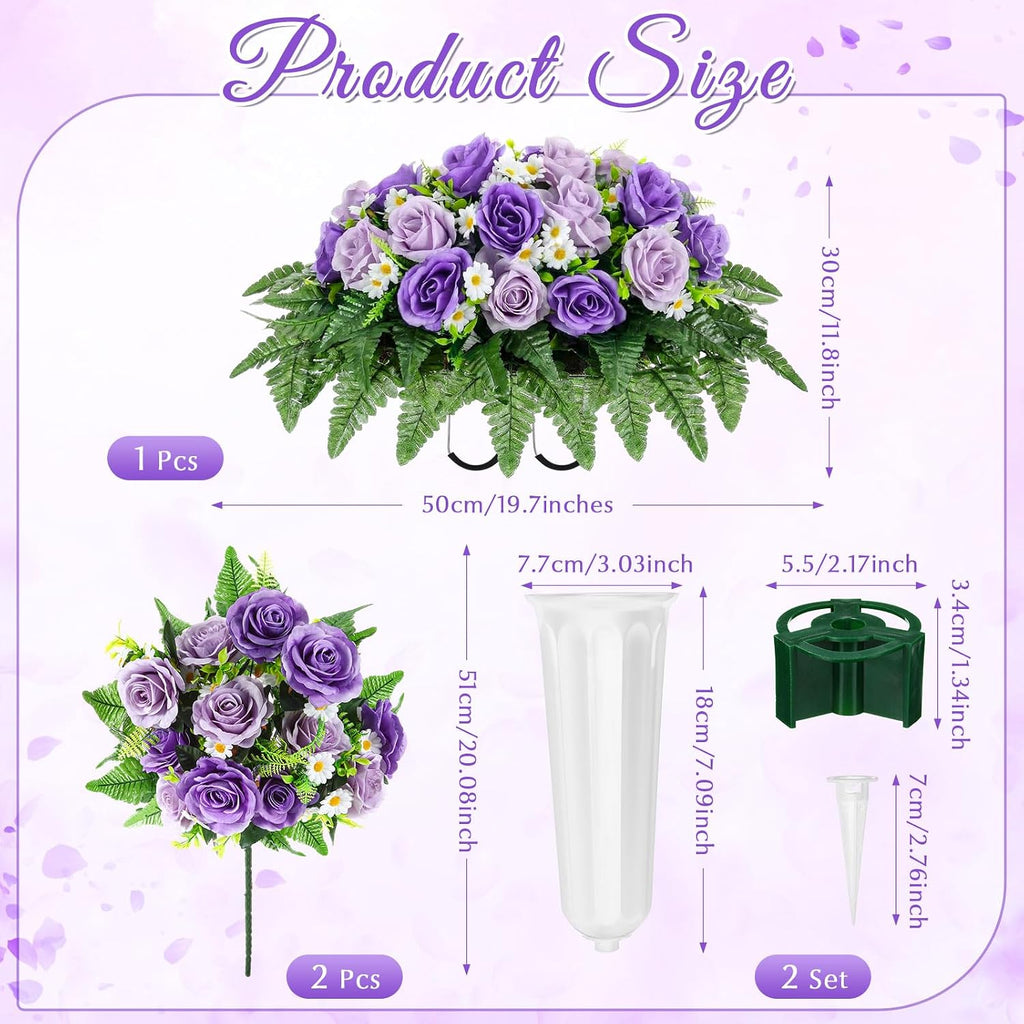 3 Pcs Father's Day Headstone Flower Saddle Cemetery Flowers for Grave Purple Rose Daisy Artificial Memorial Floral