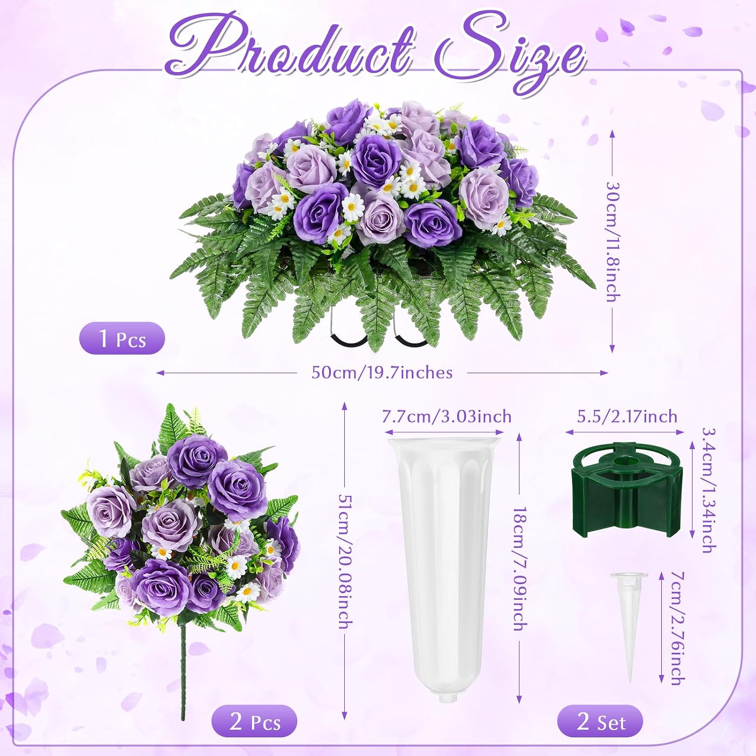 3 Pcs Father's Day Headstone Flower Saddle Cemetery Flowers for Grave Purple Rose Daisy Artificial Memorial Floral