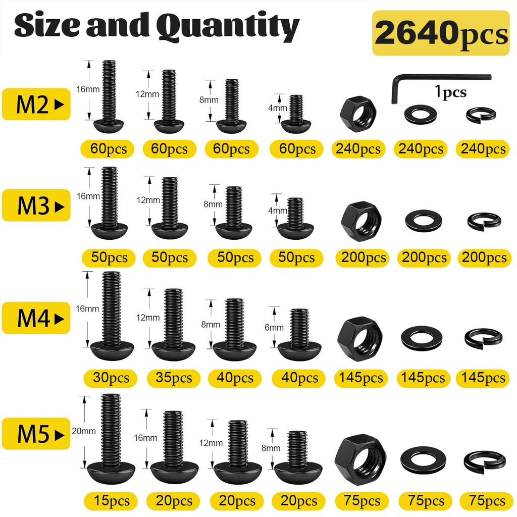 2640PCS M2 M3 M4 M5 Metric Socket Button Head Screws Assortment Kit