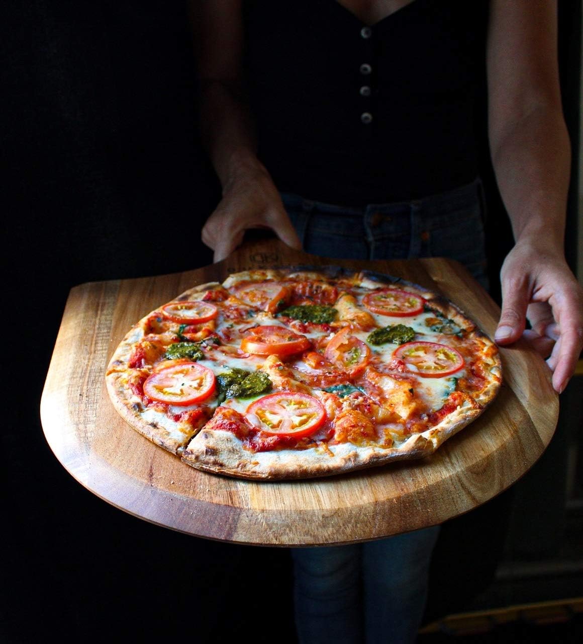 Premium Acacia Pizza Peel (Extra Large) and Rocker Blade Pizza Cutter Set, Pizza Peel 16 inch, Gourmet Wooden Pizza