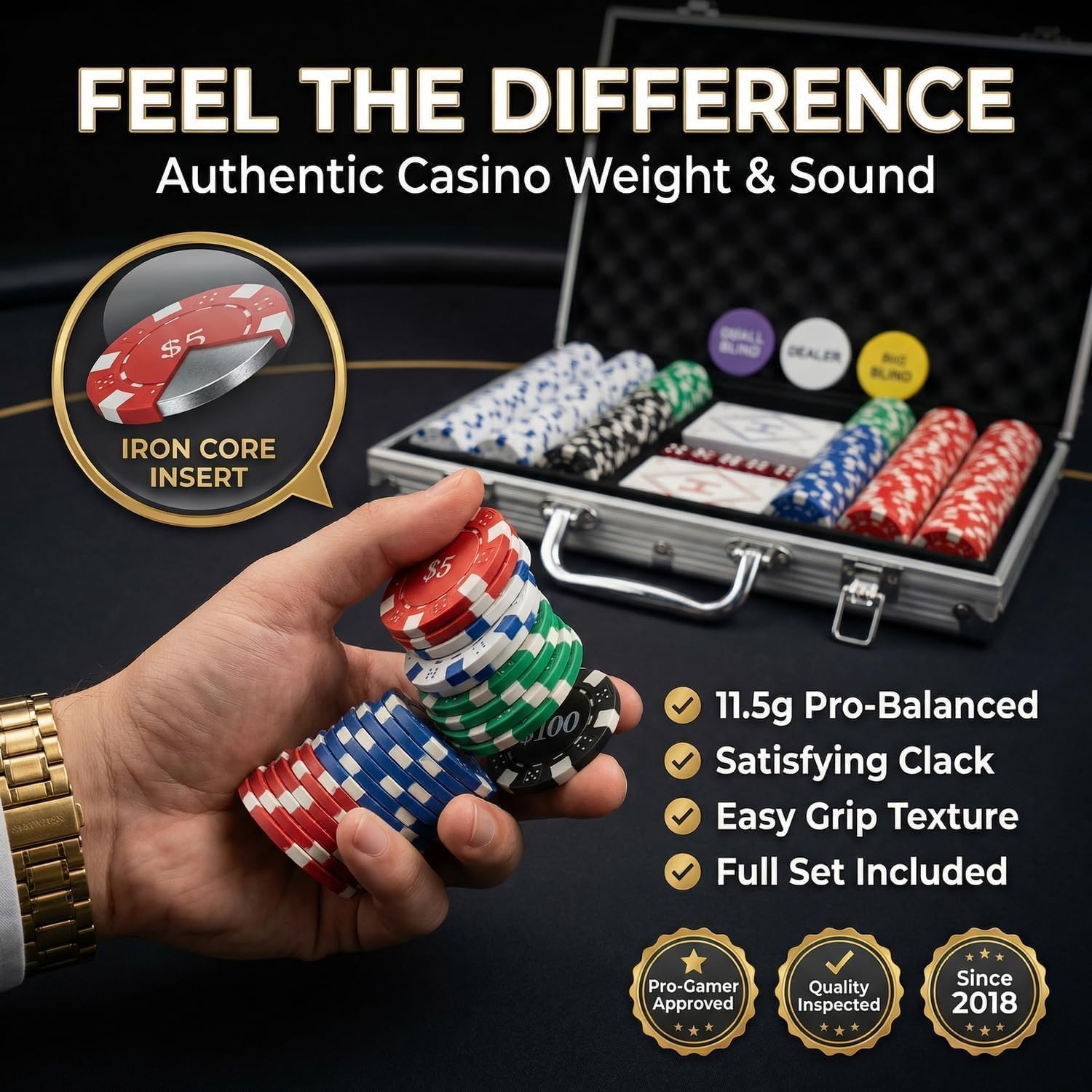 300pc Poker Chip Set 11.5g Iron Core Denominations Texas Holdem | 2-8 players, numbered values 1/5/25/100/500