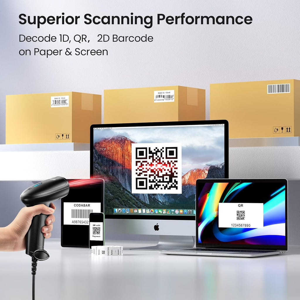 Barcode Scanner with Stand, USB Wired Inventory 2D 1D Code Scanner | Screen Scanning, Hands-free Adjustable Stand